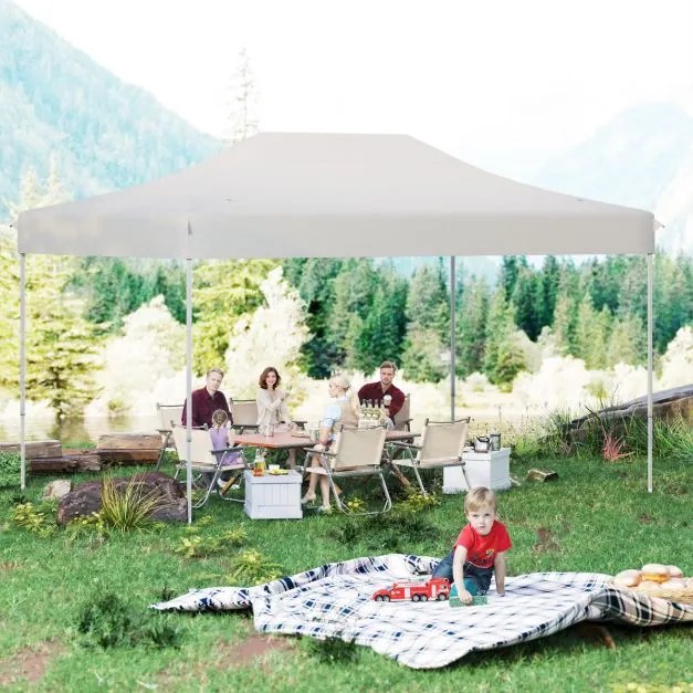 Tenda dobrável 300 x 445 cm Fácil montagem Bolsa de transporte com rodas 4 cordas 8 estacas, feiras, eventos, festas Bege