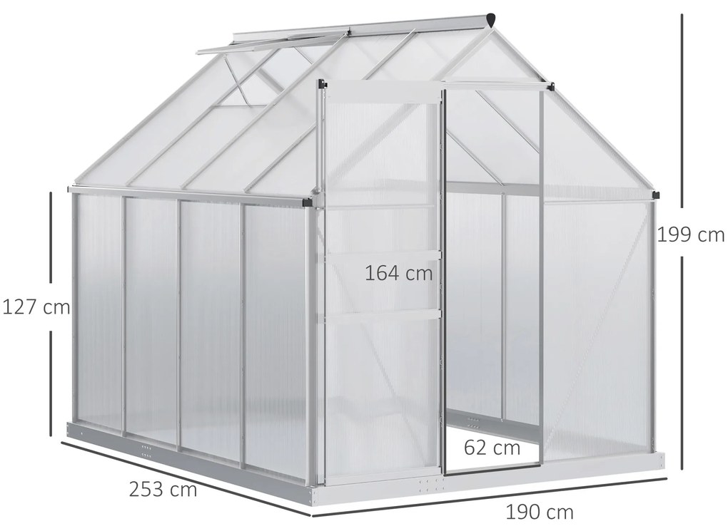 Outsunny Estufa de Jardim de Policarbonato e Alumínio Estufa de Exterior com Porta Corredeira e 2 Clarobóias para Cultivo de Plantas Sementes 190x253x199cm Transparente