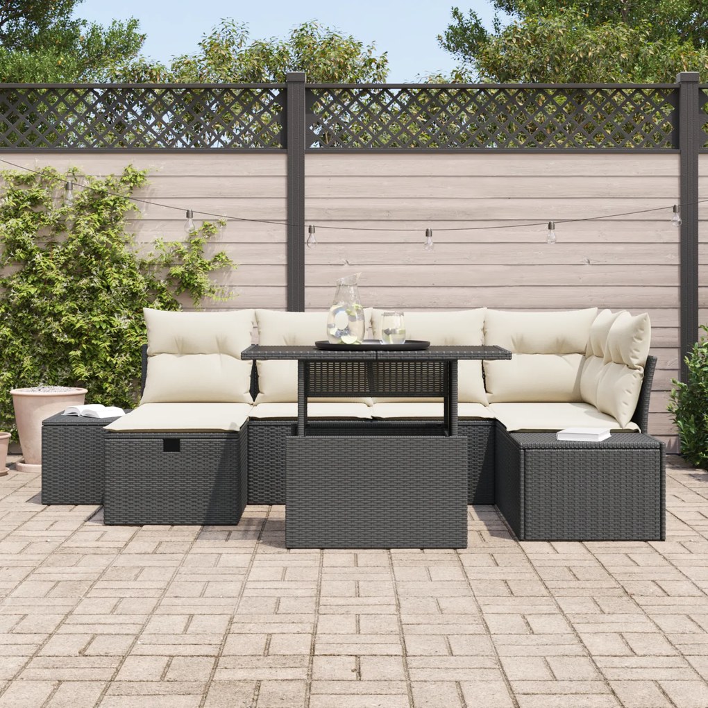 Conjunto de Sofá de Jardim 7 Peças com Almofadas Preto Rattan Poliéste