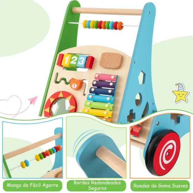 Andarilho de Bebé em Madeira Brinquedo Educativo de Atividade em Madeira com Rodas de Borracha Aprender a Andar para Bebés Multicolorido