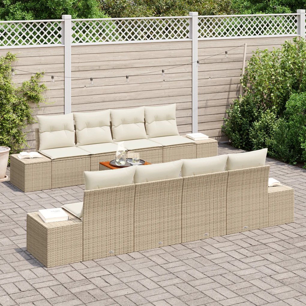 Conjunto de Sofá de Jardim 7 Peças com Almofadas Bege Rattan Poliéster