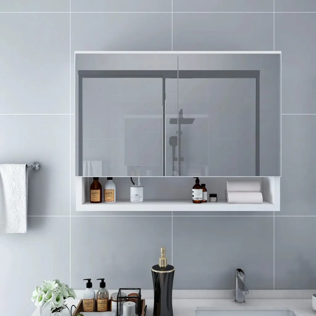 vidaXL Armário espelhado casa de banho com LED 80x15x60 cm MDF branco