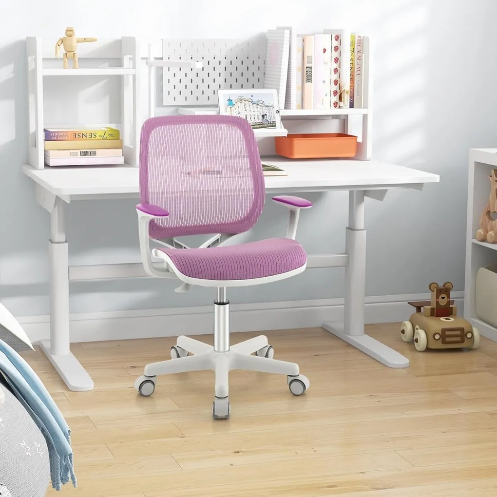Cadeira giratória para secretária para crianças com altura ajustável, rodas com travões e apoios de braços macios, design ergonómico para 6-14 anos Pú