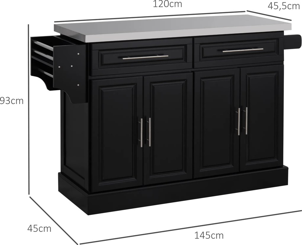 Ilha de Cozinha com Rodas Bancada de Aço Inoxidável 2 Gavetas 4 Portas e 2 Prateleiras Ajustáveis 145x45x93 cm Preto