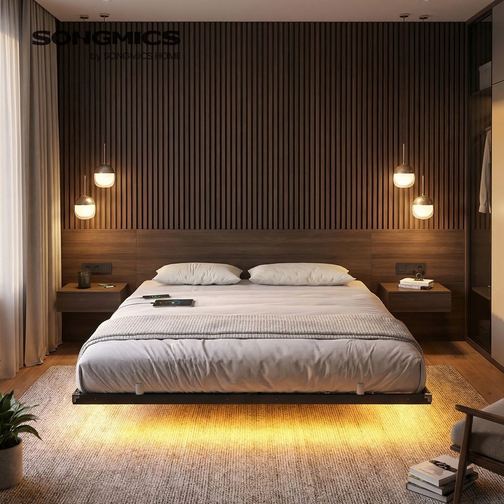 Estrutura de cama 160 x 200 cm com iluminação LED, porta USB-C e extensão (COLCHÃO NÃO INCLUIDO) Preta
