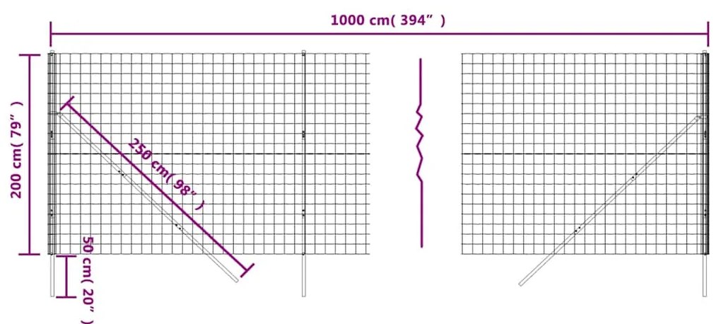 Cerca de malha de arame 2x10 m aço galvanizado antracite