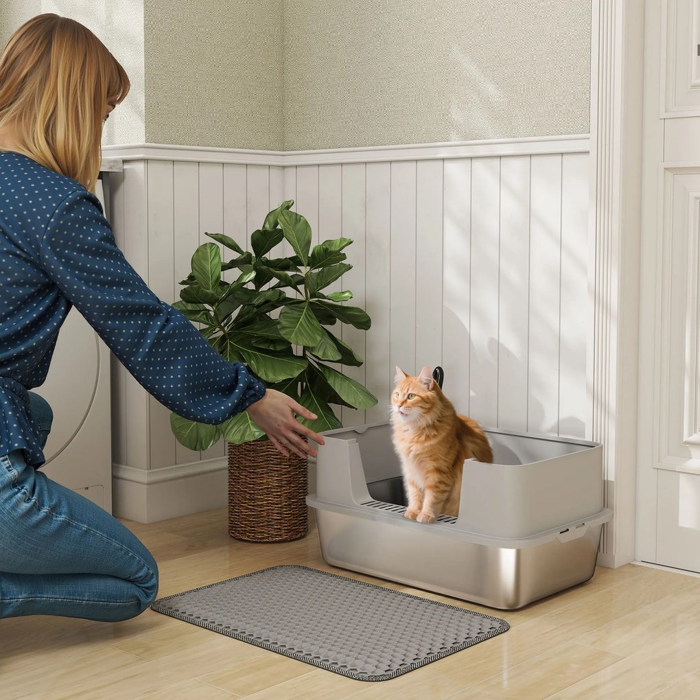 Caixa de areia XL em aço inoxidável, casa de higiene para gatos de grande porte, fácil de limpar, 60,2 x 40,2 x 29,5 cm, cinzenta