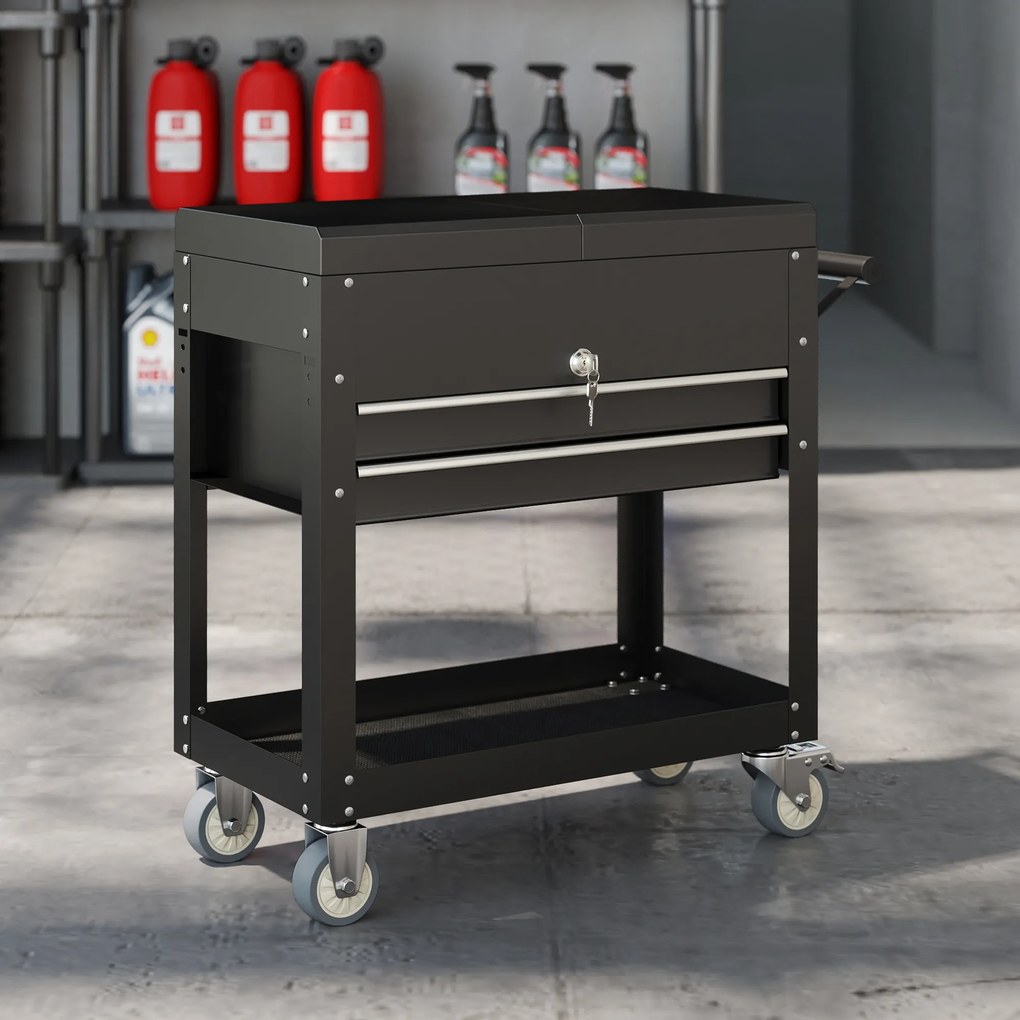 Carrinho de Ferramentas com Rodas Carrinho de Oficina Móvel com Tampa Deslizante 2 Gavetas com Fecho Bandeja 77,5–130x38x80 cm Preto
