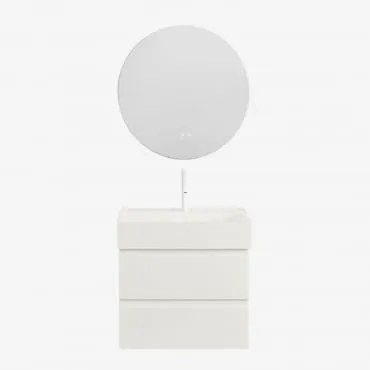 Conjunto De Móvel De Casa De Banho Em Madeira E Chapa De Freixo Com Lavatório Integrado Ona Branco & Redondo Led E Anti-embaciamento Ø70 - Sklum