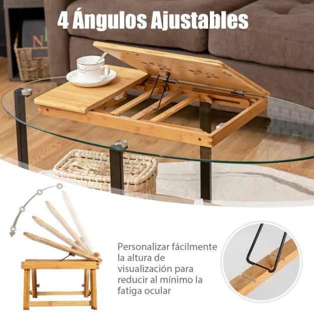 Mesa bandeja de bambu portátil com pernas ajustáveis dobrável para computador 53 x 33 x 20-26,5 cm natural