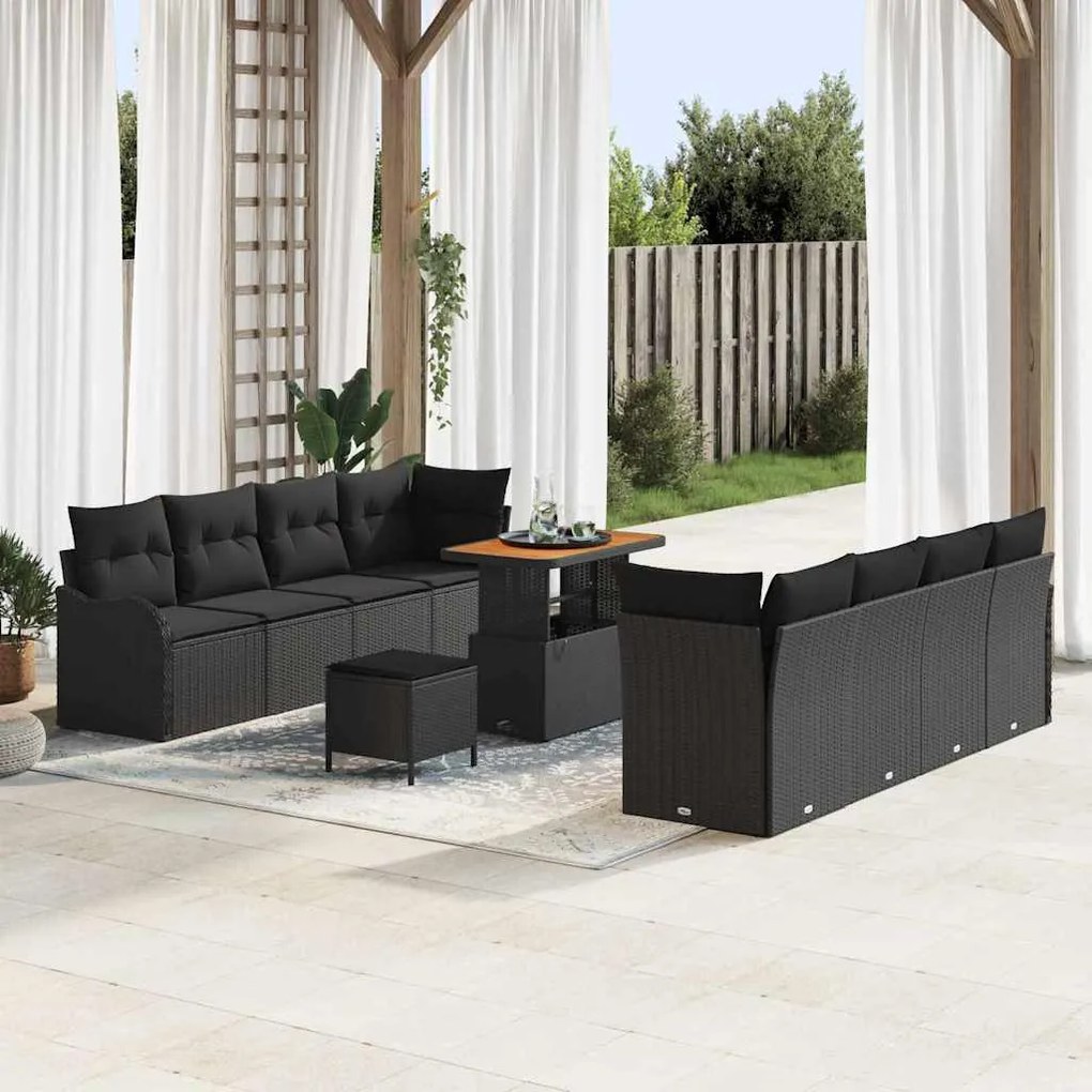 vidaXL Conjunto de Sofá de Jardim com 11 Peças e Almofadas Pretas em Rattan Sintético e Acácia.