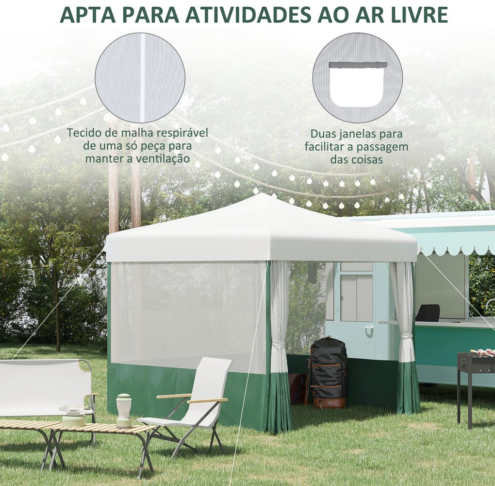 Outsunny Tenda Dobrável 2,7x2,7cm Tenda de Jardim com Proteção UV30 Altura Ajustável em 3 Níveis 2 Janelas e Bolsa de Transporte para Pátio Varanda Branco e Verde