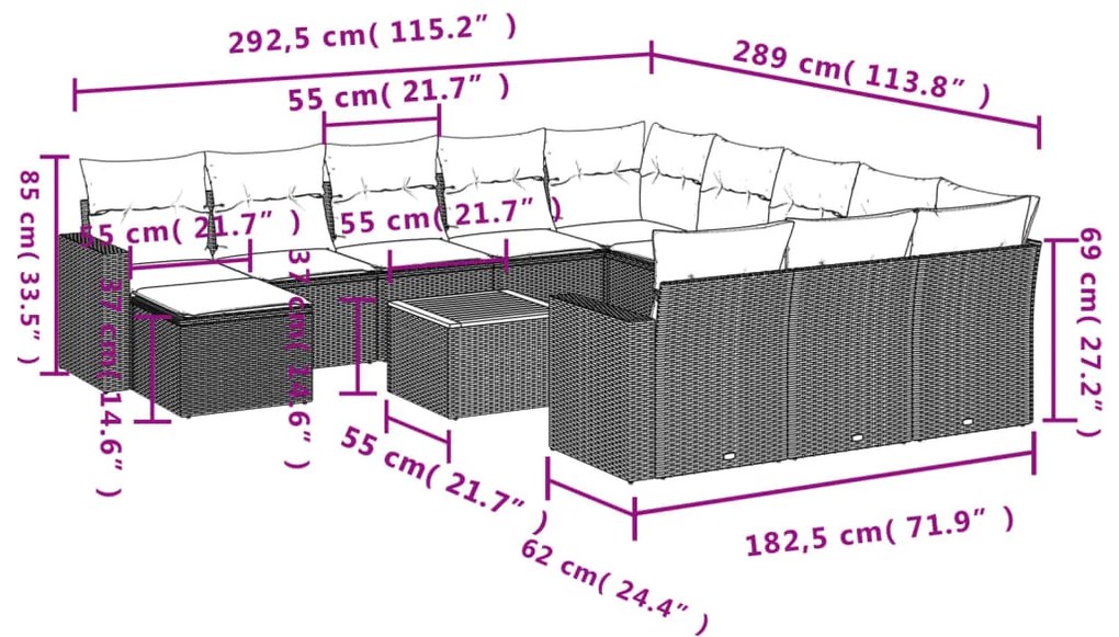 13 pcs conjunto de sofás p/ jardim com almofadões vime PE bege