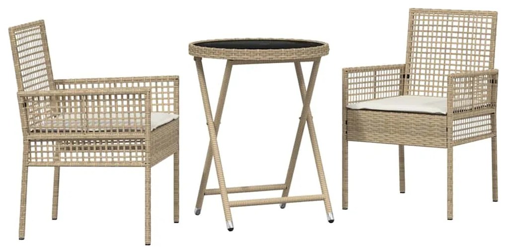 Conjunto de Bistro de Jardim 3 Peças com Almofadas Bege em Rattan Poli