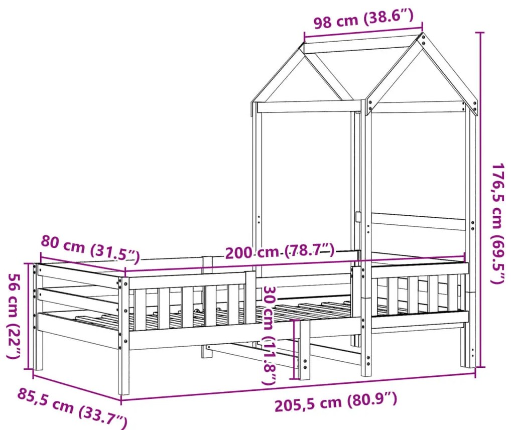 Estrutura de cama c/ telhado 80x200cm pinho maciço castanho-mel