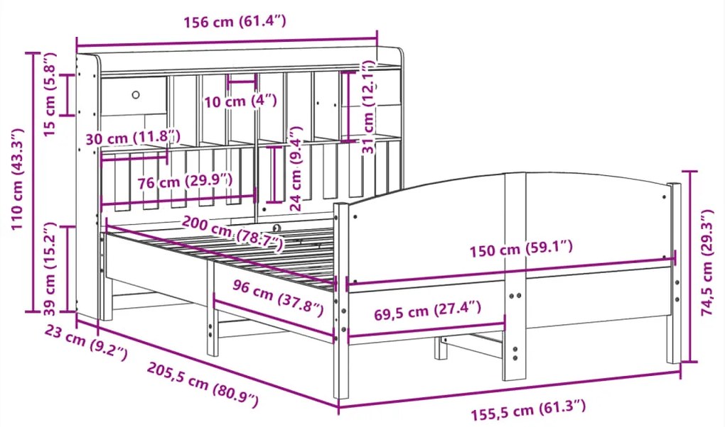 Cama com estante sem colchão 150x200 cm pinho maciço