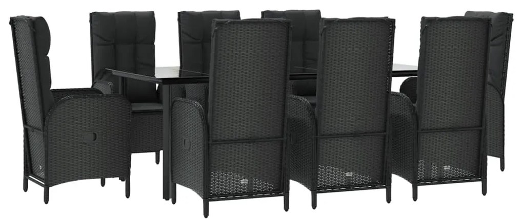 9 pcs conjunto de jantar p/ jardim c/ almofadões vime PE preto