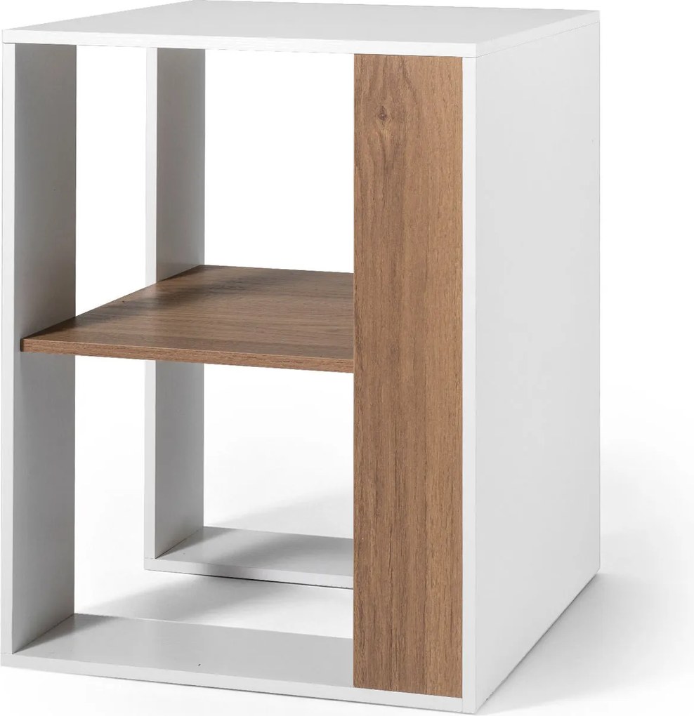 Mesa Auxiliar de 2 Níveis, 45 x 45 x 60 cm, Estante de Arrumação Aberta, Natural + Branco