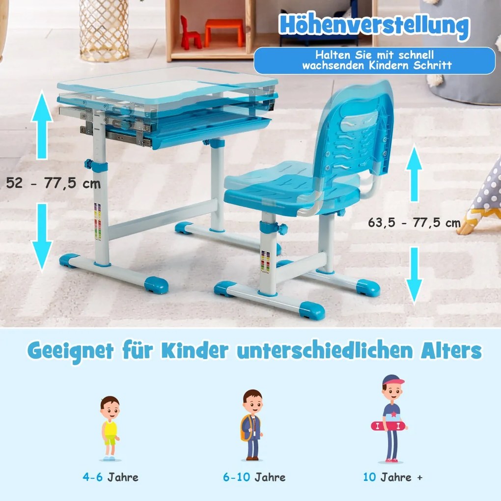 Conjunto de mesa e cadeira infantil com altura ajustável, tampo inclinado e gaveta - rosa
