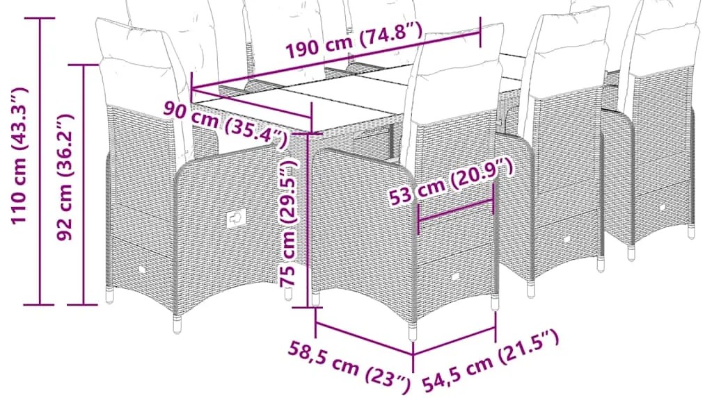 9 pcs conjunto bistrô de jardim c/ almofadões vime PE cinzento