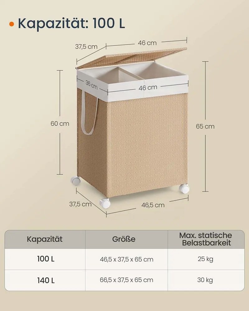 Cesto para roupa suja 100 L com 2 compartimentos e rodas bege natural-branco