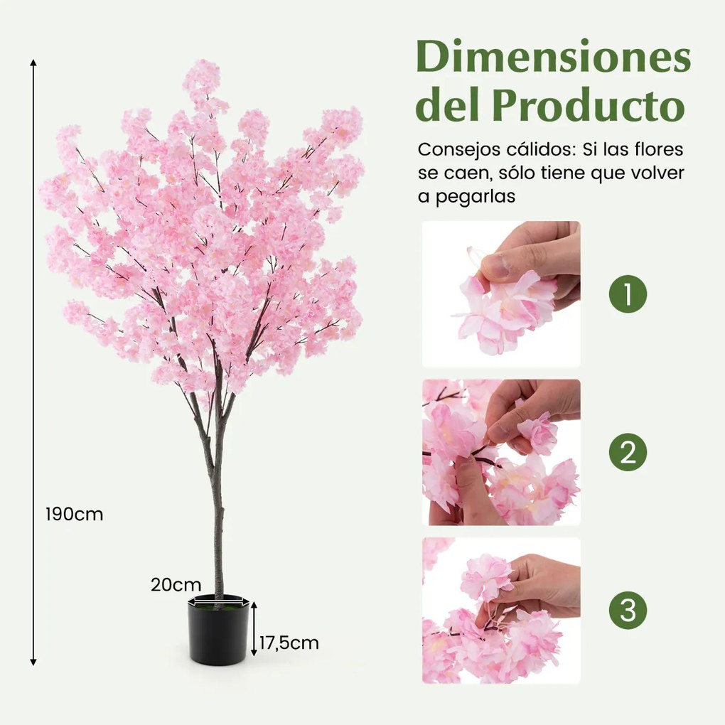 Arvore Cerejeira artificial 190 cm de altura Planta de flores sintéticas com 1170 flore Vaso de plantas Decoração de escritório em casa cor-de-rosa