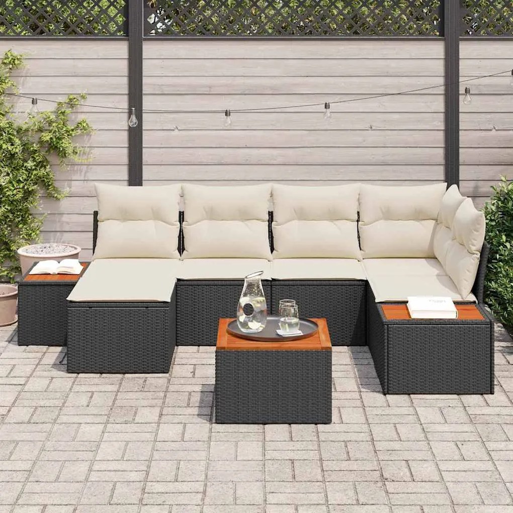 Conjunto de Sofá de Jardim 7 Peças com Almofadas de Rattan Poliéster P