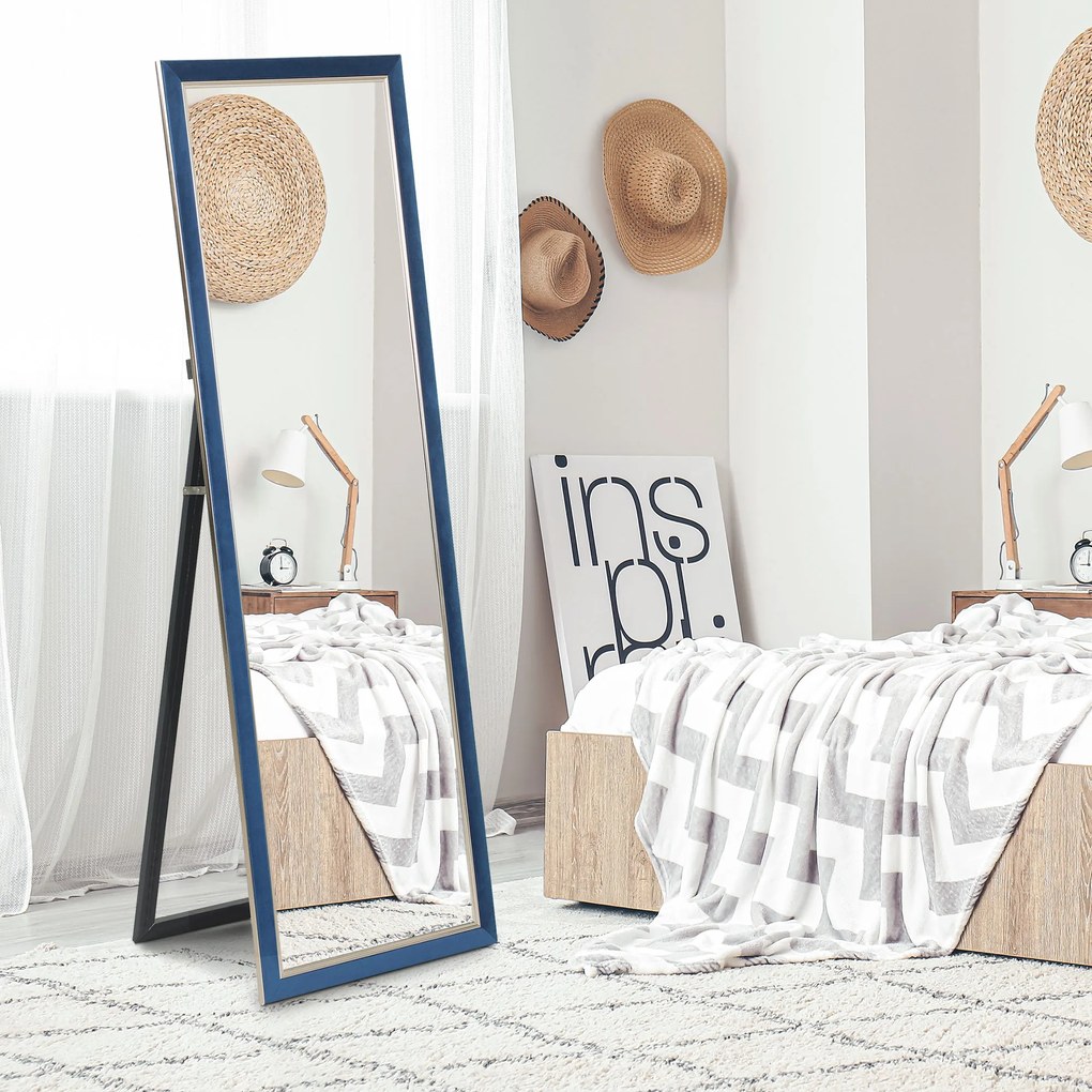 Espelho de Pé 50x150 cm Espelho de Corpo Inteiro com Estrutura em Veludo e Suporte para Sala de Estar Dormitório Azul