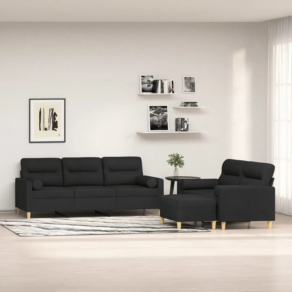 vidaXL 3 pcs conjunto de sofás c/ almofadões tecido preto