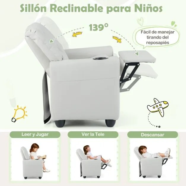 Poltrona reclinável para crianças em veludo, com porta-copos e apoio para os pés ajustável, para sala de estar ou área de jogos, a partir dos 3 anos,