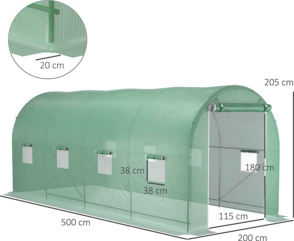 Estufa tipo Túnel 500x200x205 cm Estufa de Jardim com Porta Enrolável e 8 Janelas Cobertura de PE 140 g/m² Verde