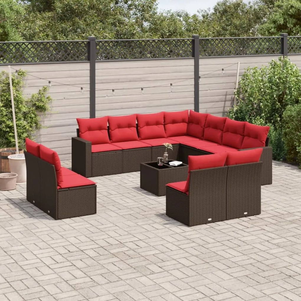vidaXL 12 pcs conjunto de sofás jardim com almofadões vime PE castanho