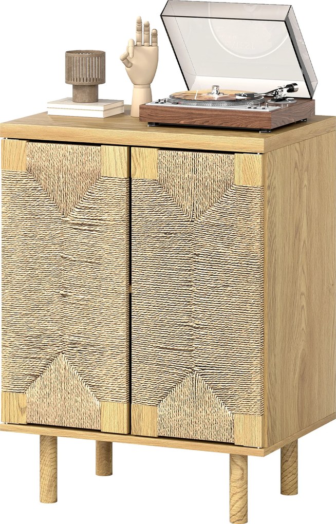 Aparador Boémio de 2 Portas com Corda Tecida à Mão Prateleira Ajustável Abertura por Pressão 60x40x78 cm Cor Carvalho