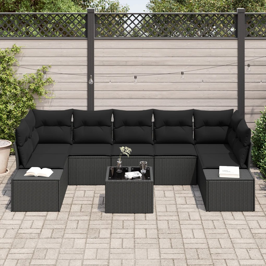 Conjunto de Sofá de 8 Peças com Almofadas Preto Rattan