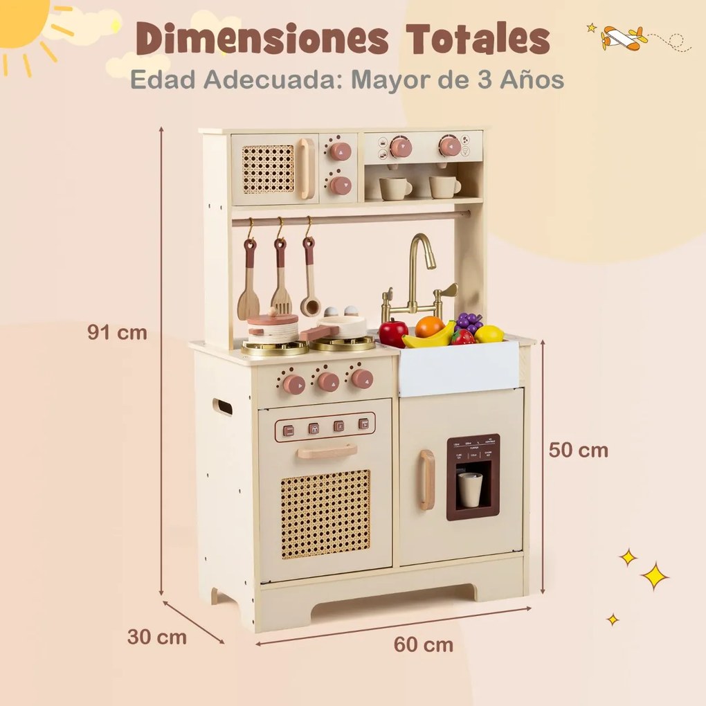Cozinha de brincar em madeira 60 x 30 x 91 cm para crianças com luzes, sons, fogão, máquina de gelo, cafeteira, lava-loiça e portas em rattan – a part