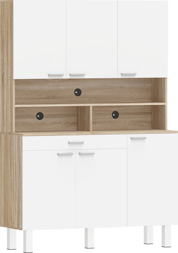 HOMCOM Armário de Cozinha Alto com 6 Portas e Grande Gaveta Prateleiras Bancada Ampla para Micro-ondas 120x40x175 cm Branco e Madeira | Aosom Portugal