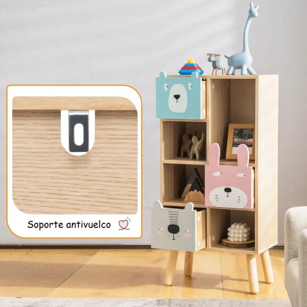 Estantel infantil com gavetas e compartimentos abertos para brinquedos e livros Móveis para guardar brinquedos 40 x 25,5 x 82,5 cm natural