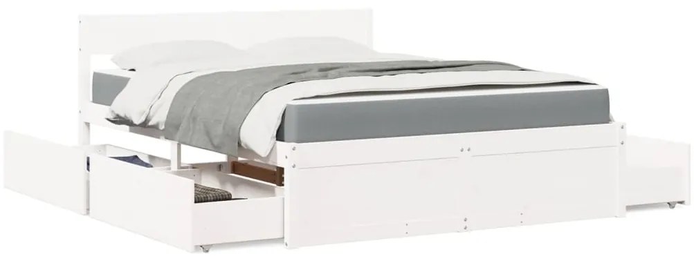 Cama com gavetas e colchão 140x200 cm pinho maciço branco