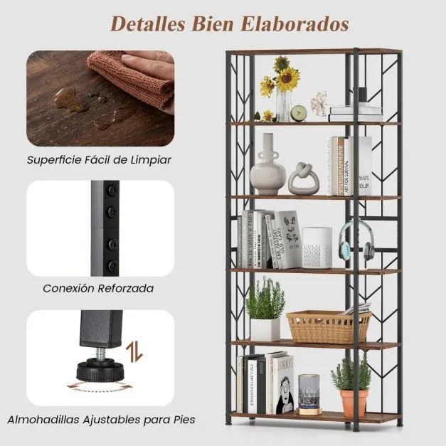 Estante de 6 prateleiras com estrutura metálica 80 x 31 x 180 cm Castanha