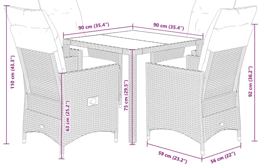 5 pcs conjunto de jantar p/ jardim c/ almofadões vime PE cinza
