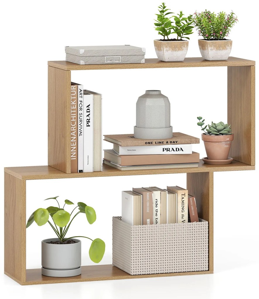 Estante geométrica de 3 níveis, estante de madeira independente com 2 compartimentos cúbicos - branca