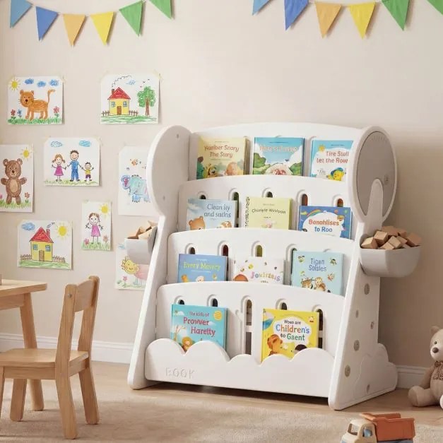 Estante infantil 92 x 42 x 79 cm de 4 níveis com caixas de armazenamento e prateleira reversível Organizador para livros cinza e branco