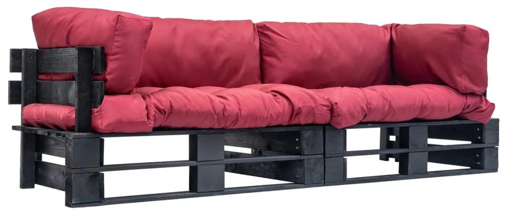 Conj. sofá de paletes 2 pcs com almofadões vermelhos pinho