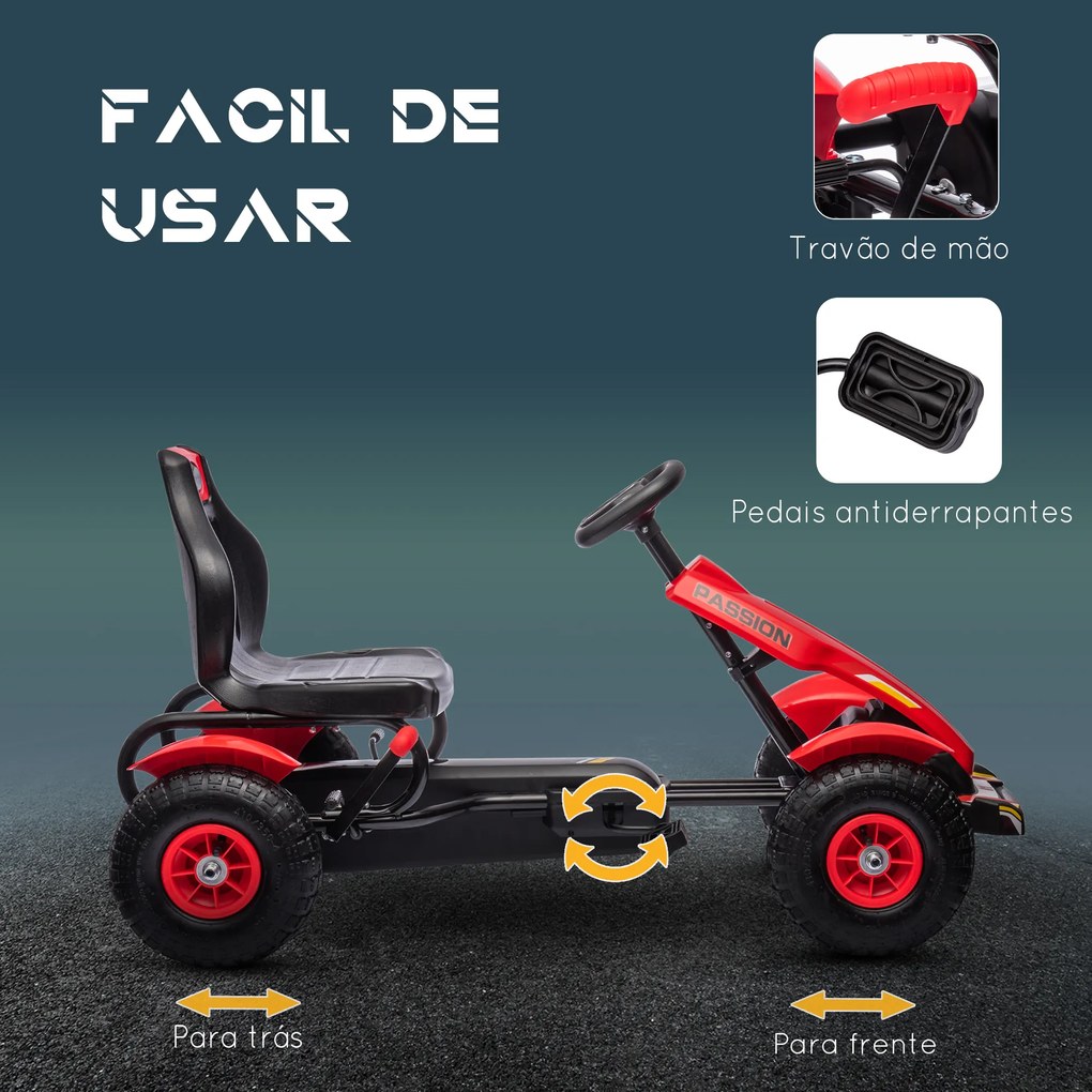 Kart a Pedais para Crianças com Assento Ajustável Pneus de Goma Travão de Mão para Crianças de 5-12 Anos 121x58x61 cm Vermelho