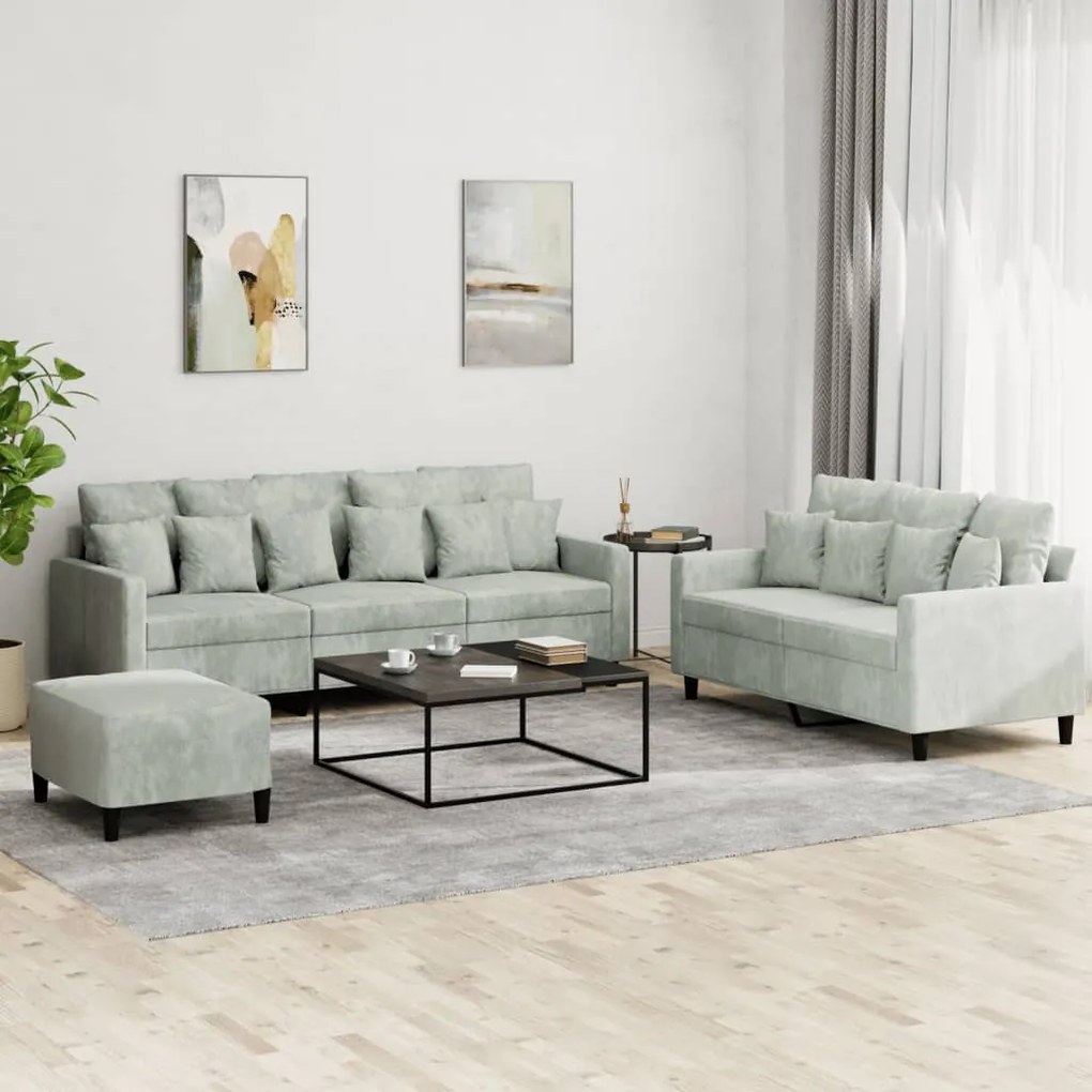 3201730 vidaXL 3 pcs conjunto de sofás com almofadões veludo cinzento-claro