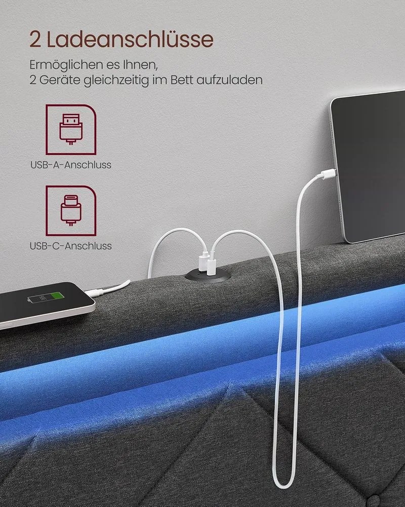 Estrutura de cama de casal para colchão de 140 x 200 cm com cabeceira cinza