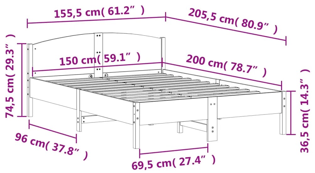 Cama sem colchão 150x200 cm madeira de pinho maciça branco