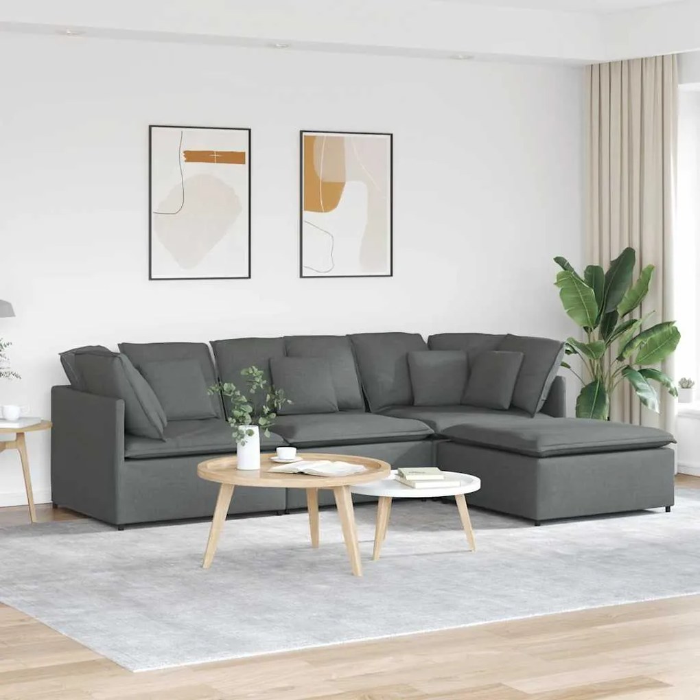 vidaXL Sofá modular com pufes e almofadas tecido cinzento-escuro
