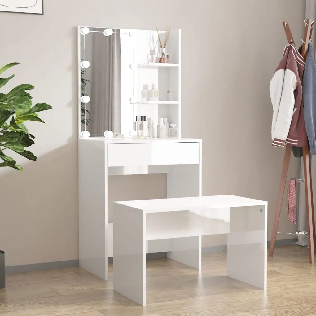 vidaXL Conjunto toucador com LED madeira processada branco brilhante