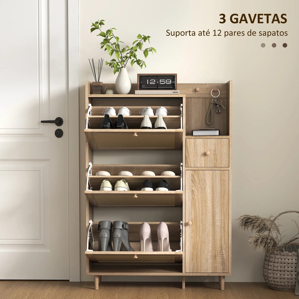 Móvel Sapateira com 3 Gavetas com Frente em Vime para 12 Pares de Sapatos Prateleiras Ajustáveis 80x23x120 cm Carvalho